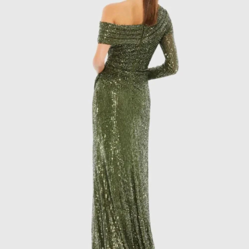 MAC DUGGAL 26571 One Shoulder Long Sleeve Thigh High Slit Sequin Gown 12 OLIVE - Picture 5 of 11